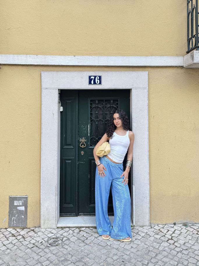 sequin pants - baby blue