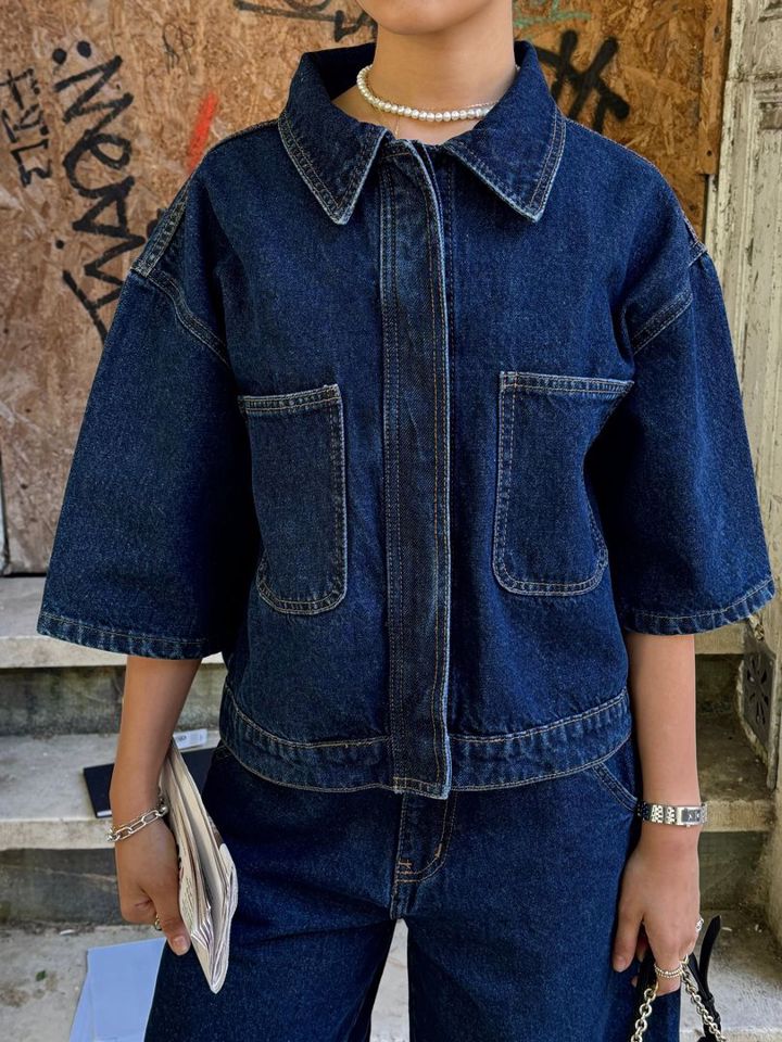 dark cropped denim shirt
