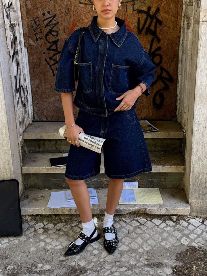 dark cropped denim shirt