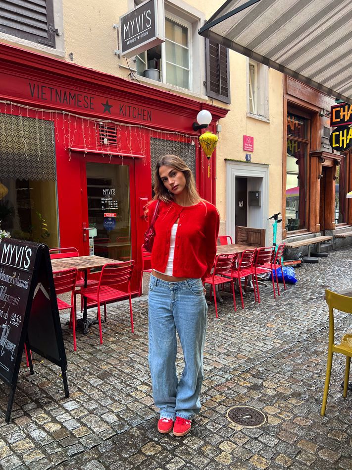 red cardigan