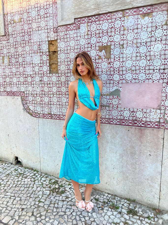 sequin long skirt - turquoise
